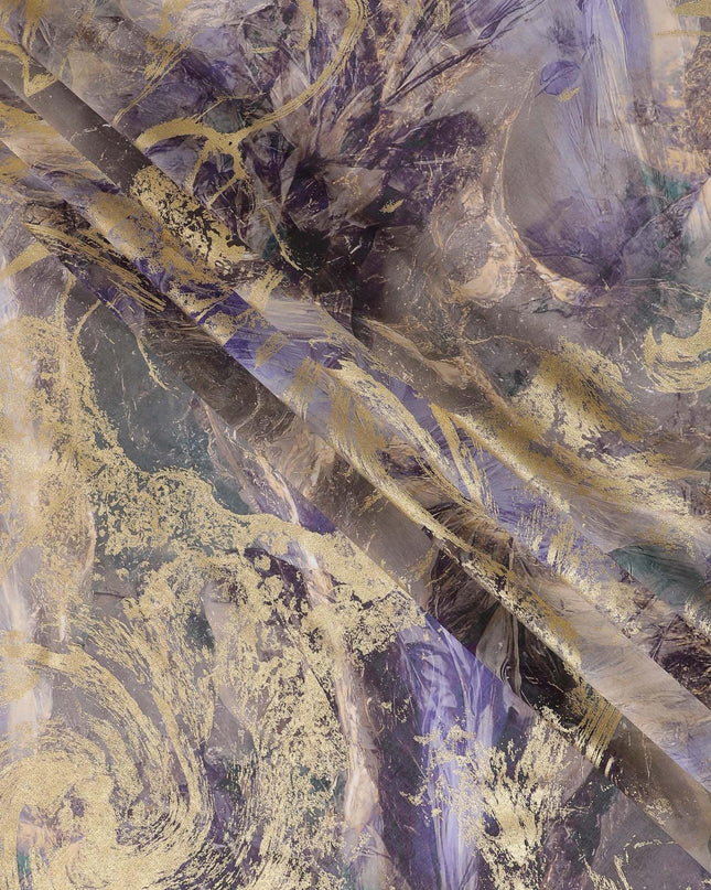 Multicolor Premium Pure Italian cotton voile fabric with golden foil print in abstract design-D15707 Regal Fabrics