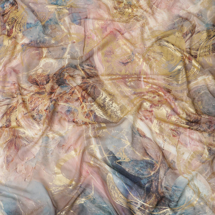 Multicolor Premium Pure Italian cotton voile fabric with golden foil print in abstract design-D15708 - Regal Fabrics