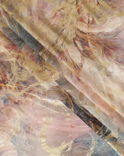 Multicolor Premium Pure Italian cotton voile fabric with golden foil print in abstract design-D15708 - Regal Fabrics