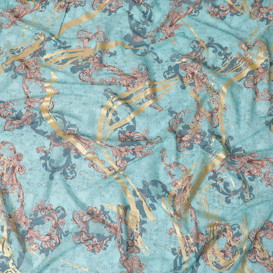 قماش فوال من القطن الإيطالي الخالص باللون الأزرق الفيروزي مع طباعة متعددة الألوان ذات رقائق ذهبية بتصميم تجريدي-D15709