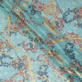 قماش فوال من القطن الإيطالي الخالص باللون الأزرق الفيروزي مع طباعة متعددة الألوان ذات رقائق ذهبية بتصميم تجريدي-D15709