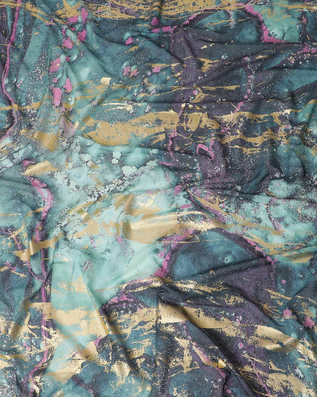Vista green Premium Pure Italian cotton voile fabric with multicolor print having golden foil in abstract design-D15711 Regal Fabrics