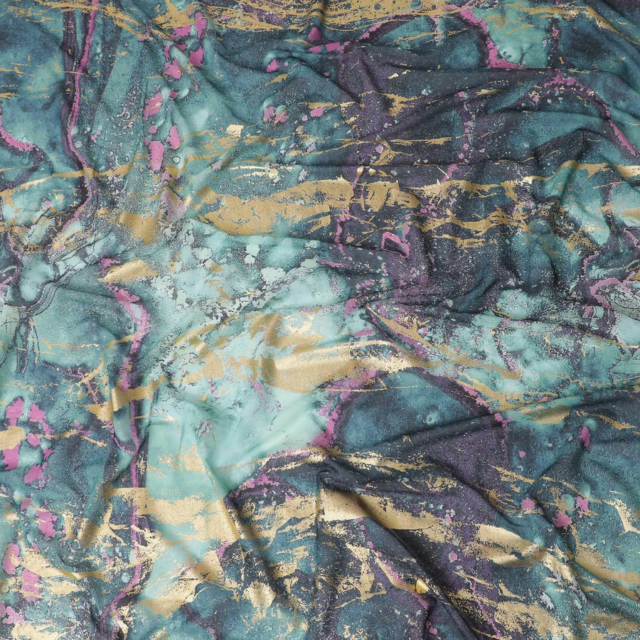 Vista green Premium Pure Italian cotton voile fabric with multicolor print having golden foil in abstract design-D15711 - Regal Fabrics