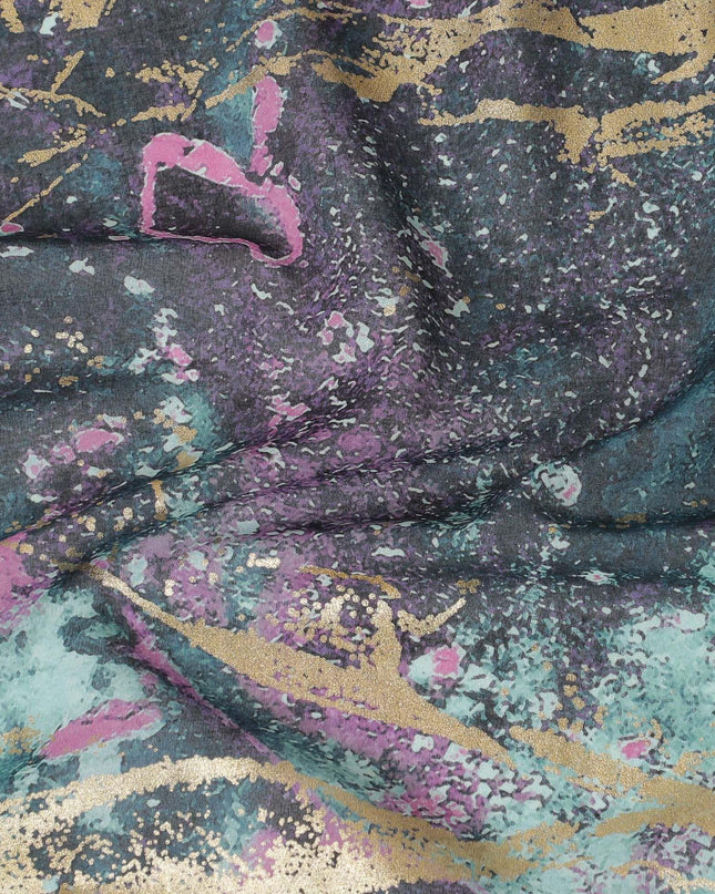 Vista green Premium Pure Italian cotton voile fabric with multicolor print having golden foil in abstract design-D15711 Regal Fabrics