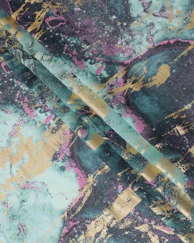Vista green Premium Pure Italian cotton voile fabric with multicolor print having golden foil in abstract design-D15711 Regal Fabrics