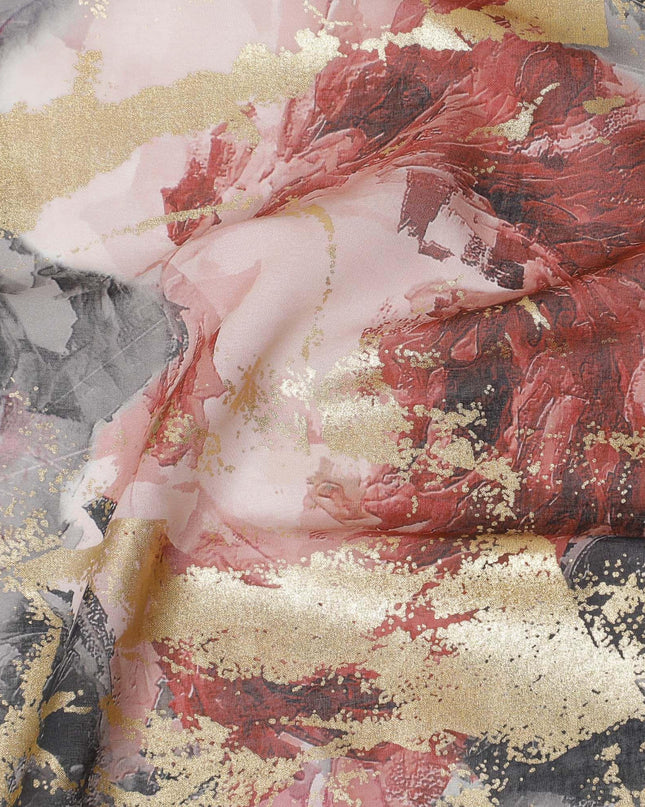 قماش فوال من القطن الإيطالي الخالص باللون الرمادي السحابي مع طباعة متعددة الألوان ذات رقائق ذهبية بتصميم تجريدي -D15713