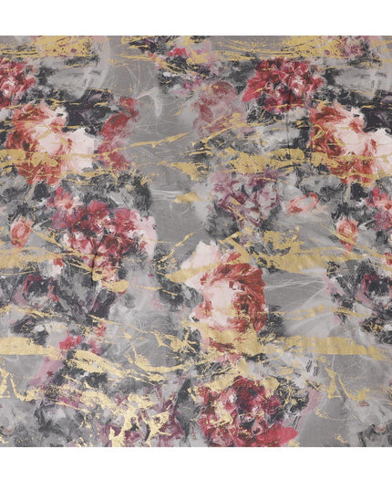 قماش فوال من القطن الإيطالي الخالص باللون الرمادي السحابي مع طباعة متعددة الألوان ذات رقائق ذهبية بتصميم تجريدي -D15713