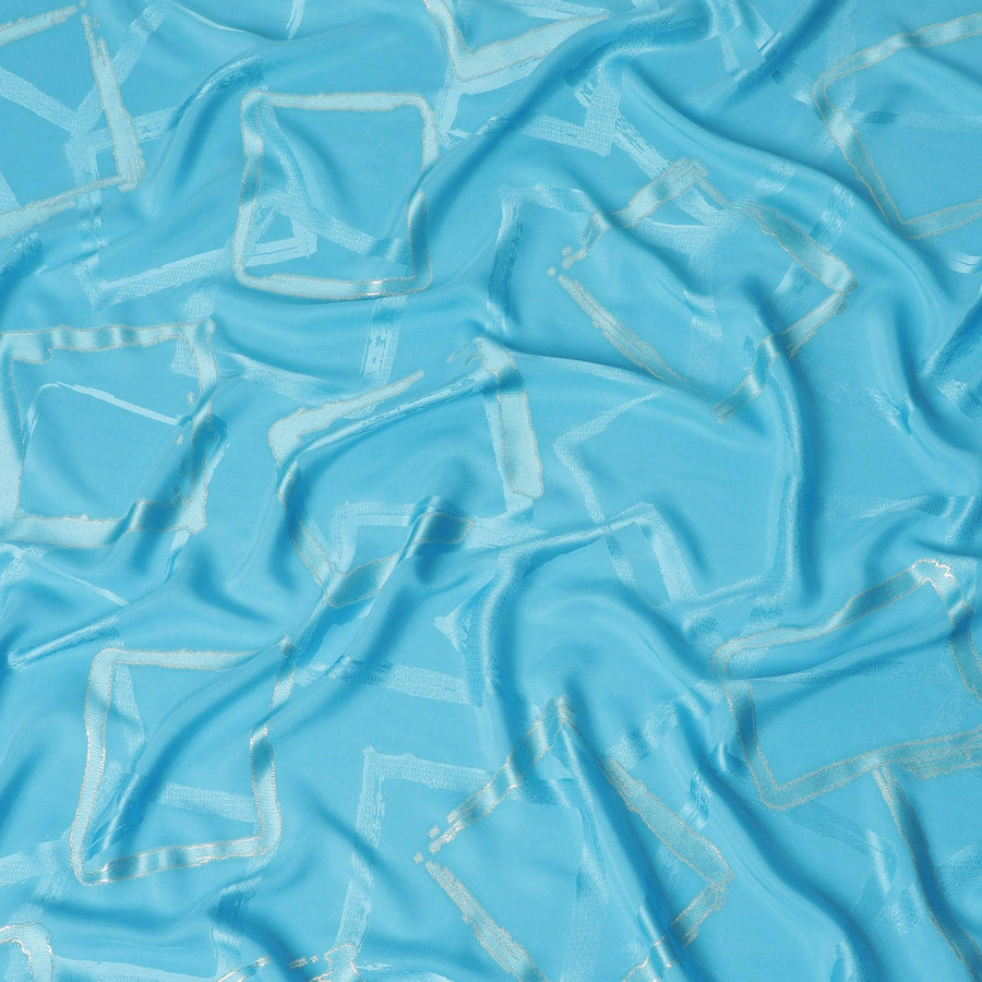 Sky blue premium pure silk crepe fabric with same tone jacquard and gold metallic lurex in abstract design-D15714