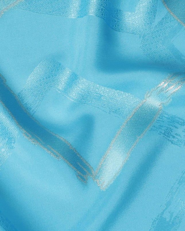 Sky blue premium pure silk crepe fabric with same tone jacquard and gold metallic lurex in abstract design-D15714 Regal Fabrics