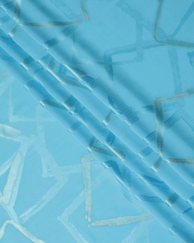 Sky blue premium pure silk crepe fabric with same tone jacquard and gold metallic lurex in abstract design-D15714 Regal Fabrics