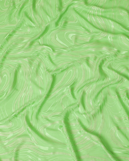 Lime green premium pure silk crepe fabric with same tone jacquard and gold metallic lurex in abstract design-D15717