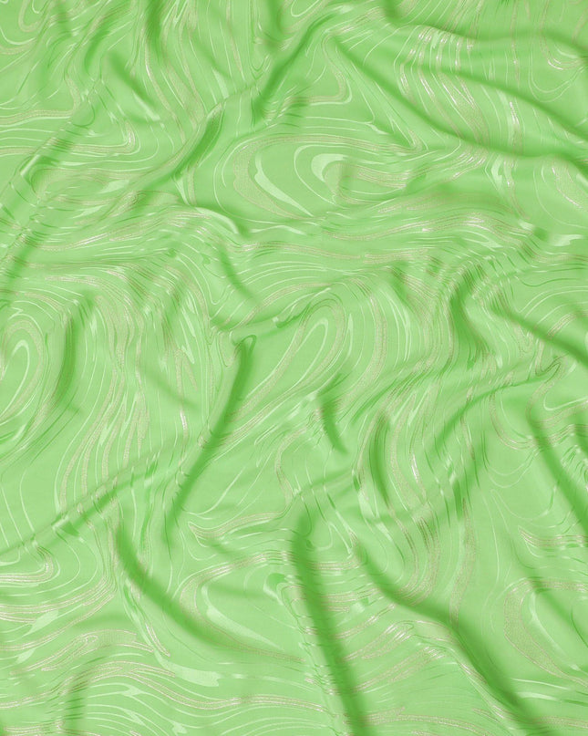 Lime green premium pure silk crepe fabric with same tone jacquard and gold metallic lurex in abstract design-D15717