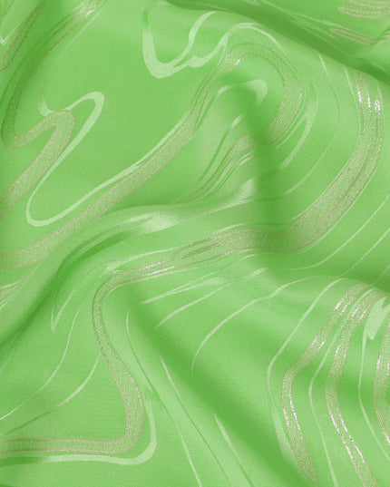 Lime green premium pure silk crepe fabric with same tone jacquard and gold metallic lurex in abstract design-D15717