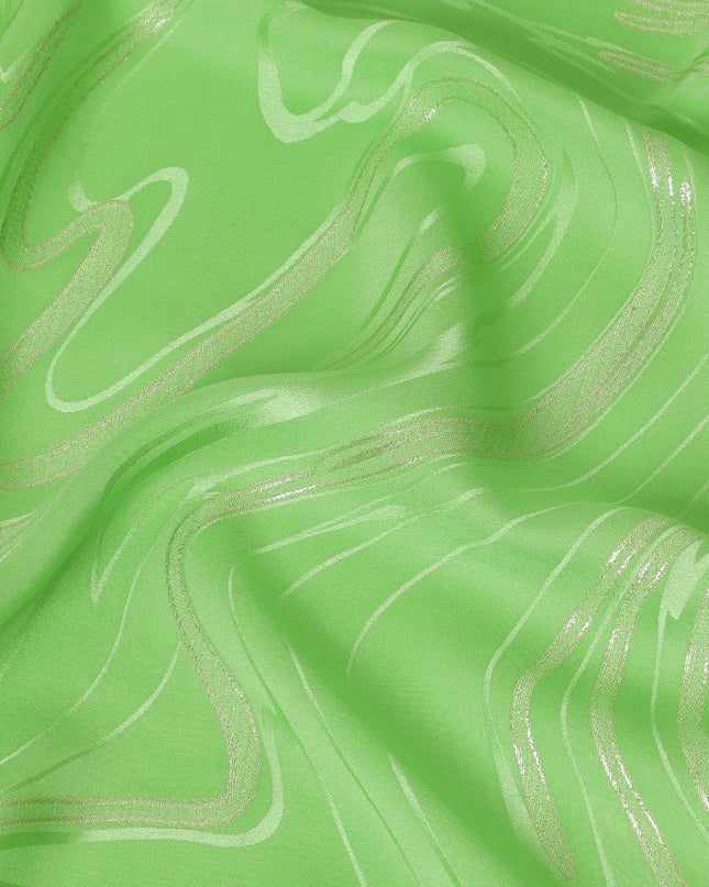 Lime green premium pure silk crepe fabric with same tone jacquard and gold metallic lurex in abstract design-D15717