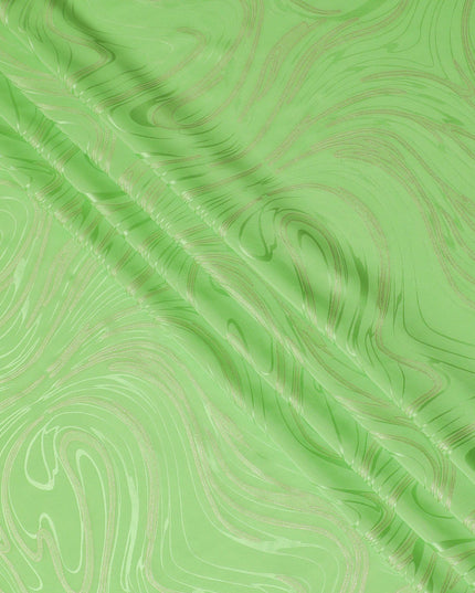 Lime green premium pure silk crepe fabric with same tone jacquard and gold metallic lurex in abstract design-D15717