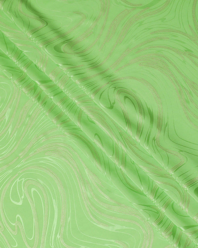 Lime green premium pure silk crepe fabric with same tone jacquard and gold metallic lurex in abstract design-D15717