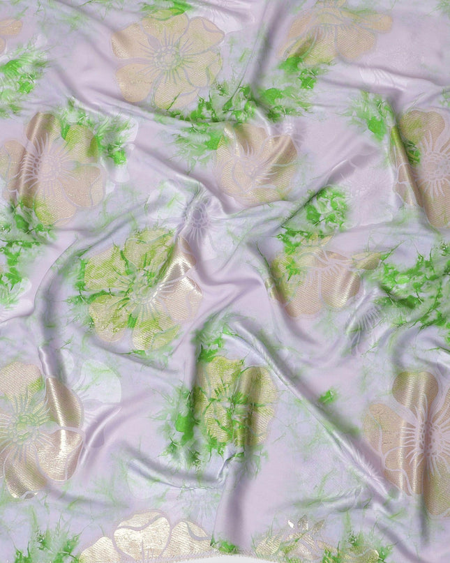 Light lilac premium pure silk crepe fabric with same tone jacquard having lime green print and gold metallic lurex in floral design-D15719