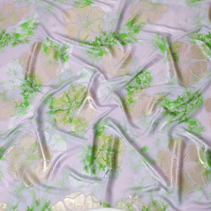 Light lilac premium pure silk crepe fabric with same tone jacquard having lime green print and gold metallic lurex in floral design-D15719