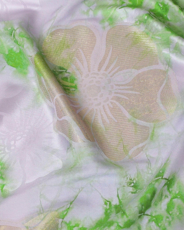 Light lilac premium pure silk crepe fabric with same tone jacquard having lime green print and gold metallic lurex in floral design-D15719