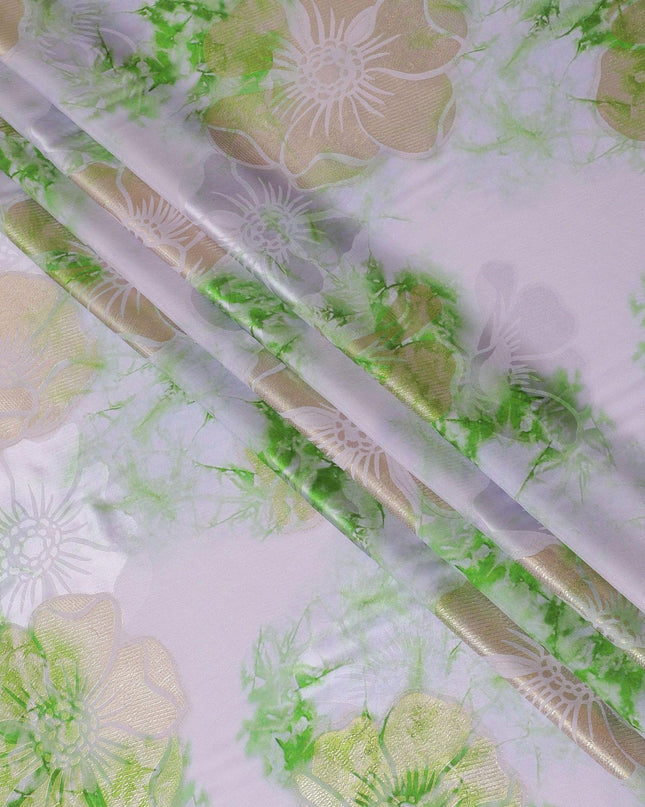 Light lilac premium pure silk crepe fabric with same tone jacquard having lime green print and gold metallic lurex in floral design-D15719