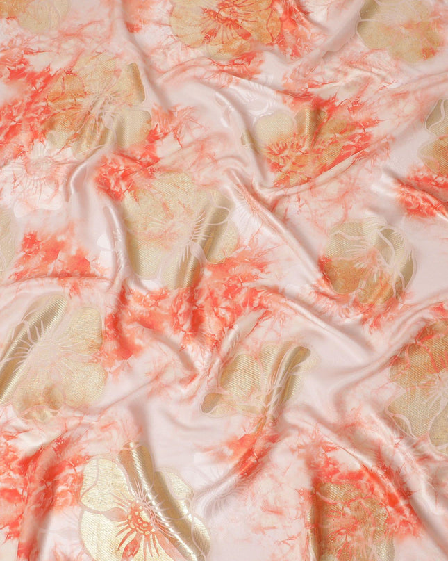 Light peach Premium pure silk crepe fabric with same tone jacquard having peach print and gold metallic lurex in floral design-D15720