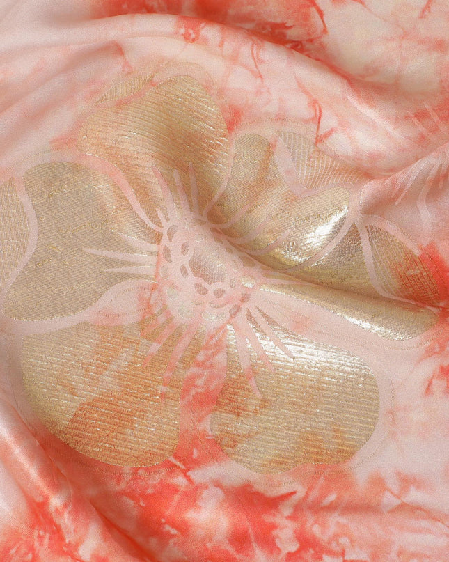 Light peach Premium pure silk crepe fabric with same tone jacquard having peach print and gold metallic lurex in floral design-D15720