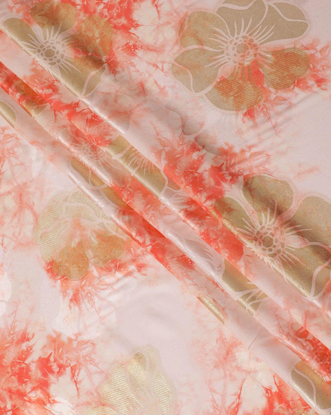 Light peach Premium pure silk crepe fabric with same tone jacquard having peach print and gold metallic lurex in floral design-D15720