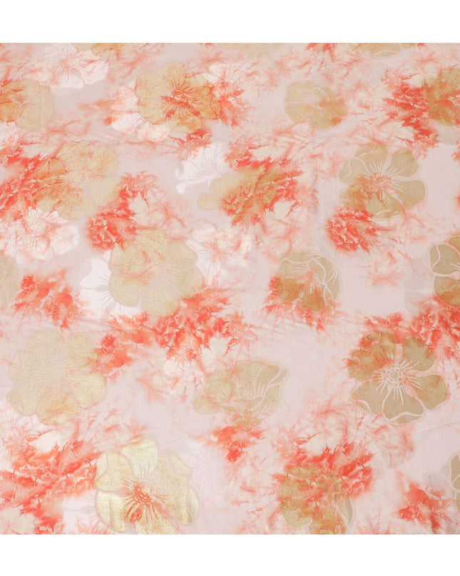 Light peach Premium pure silk crepe fabric with same tone jacquard having peach print and gold metallic lurex in floral design-D15720