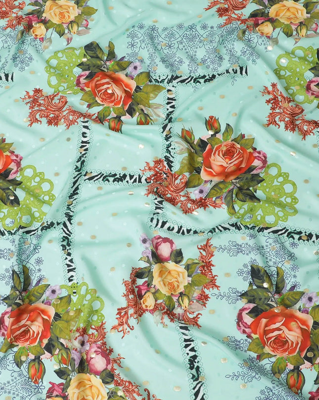 Turquoise green Premium pure silk crepe fabric with multicolor print having gold metallic lurex dots in floral design-D15722 Regal Fabrics