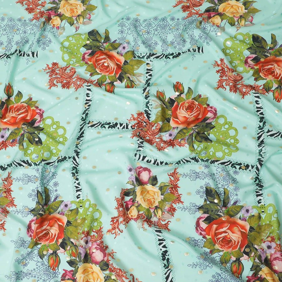 قماش كريب حريري نقي فاخر باللون الأخضر الفيروزي مع طباعة متعددة الألوان مع نقاط لوريكس معدنية ذهبية بتصميم زهور-D15722