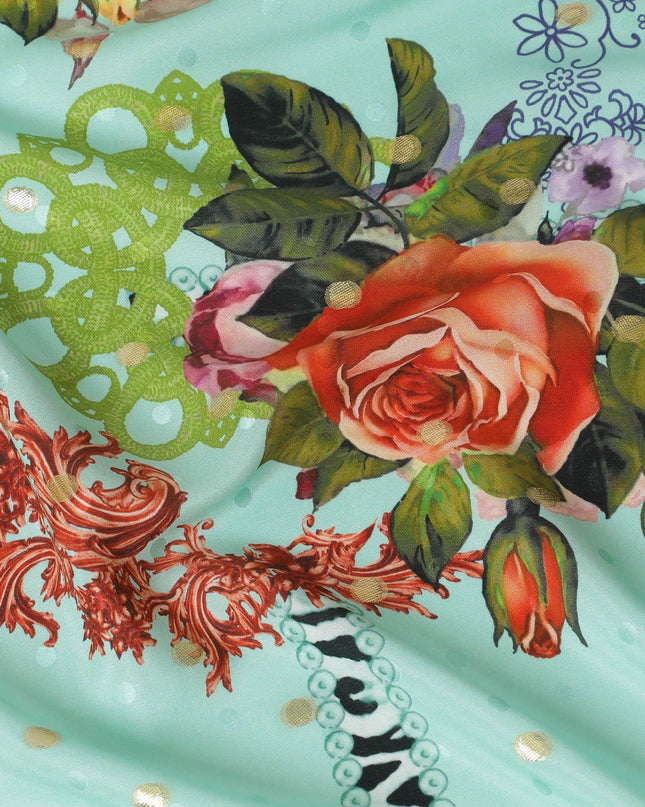 Turquoise green Premium pure silk crepe fabric with multicolor print having gold metallic lurex dots in floral design-D15722 Regal Fabrics
