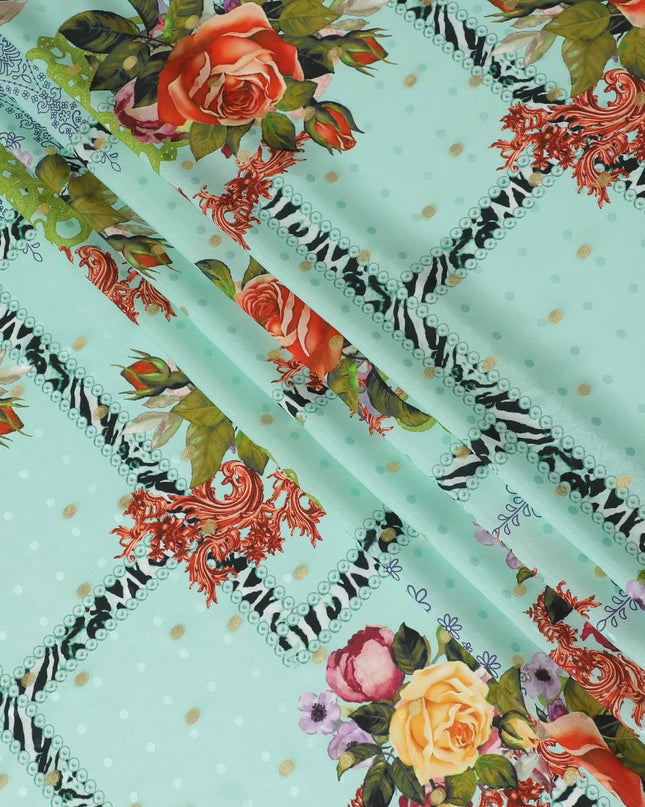 Turquoise green Premium pure silk crepe fabric with multicolor print having gold metallic lurex dots in floral design-D15722 Regal Fabrics
