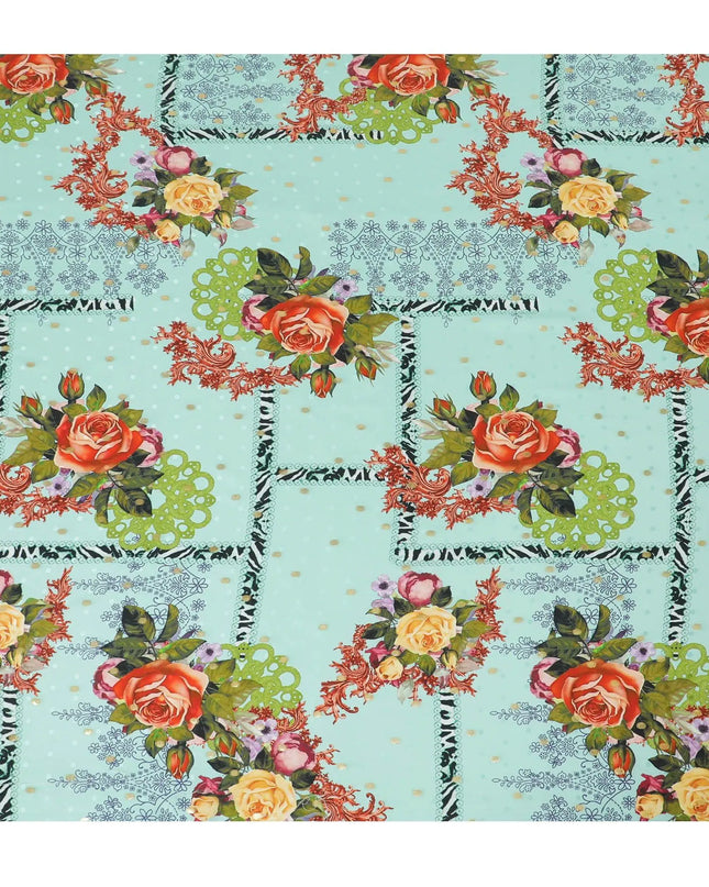 Turquoise green Premium pure silk crepe fabric with multicolor print having gold metallic lurex dots in floral design-D15722 Regal Fabrics