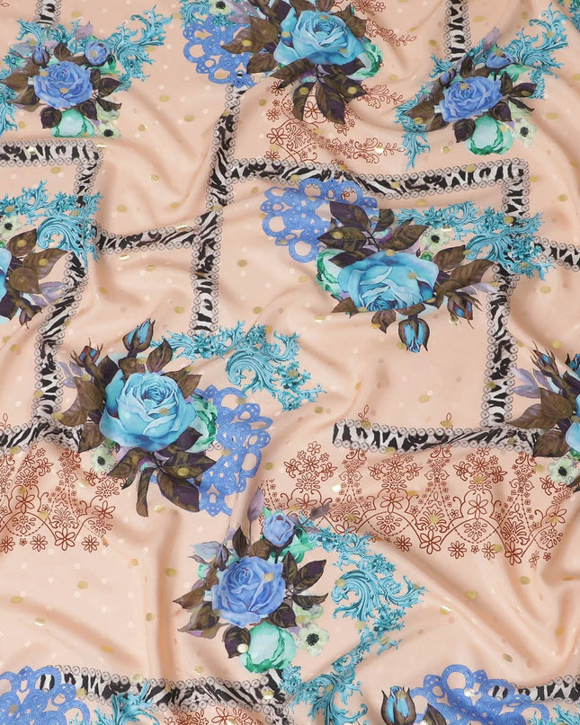 Salmon peach Premium pure silk crepe fabric with multicolor print having gold metallic lurex dots in floral design-D15723 Regal Fabrics