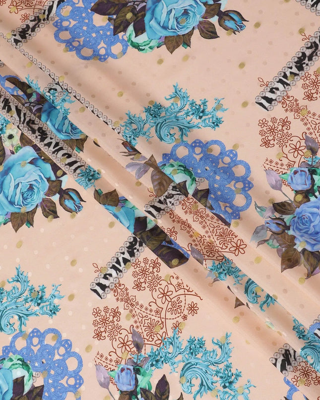 Salmon peach Premium pure silk crepe fabric with multicolor print having gold metallic lurex dots in floral design-D15723 Regal Fabrics