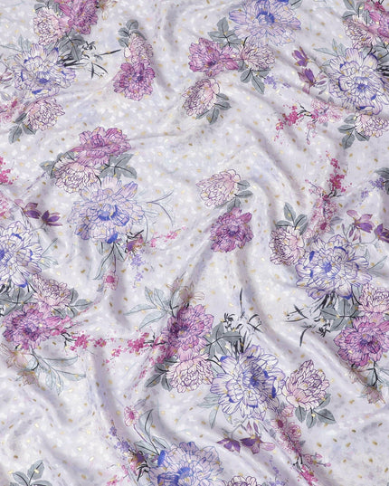 Light lilac Premium pure silk crepe fabric with multicolor print having gold metallic lurex dots in floral design-D15725