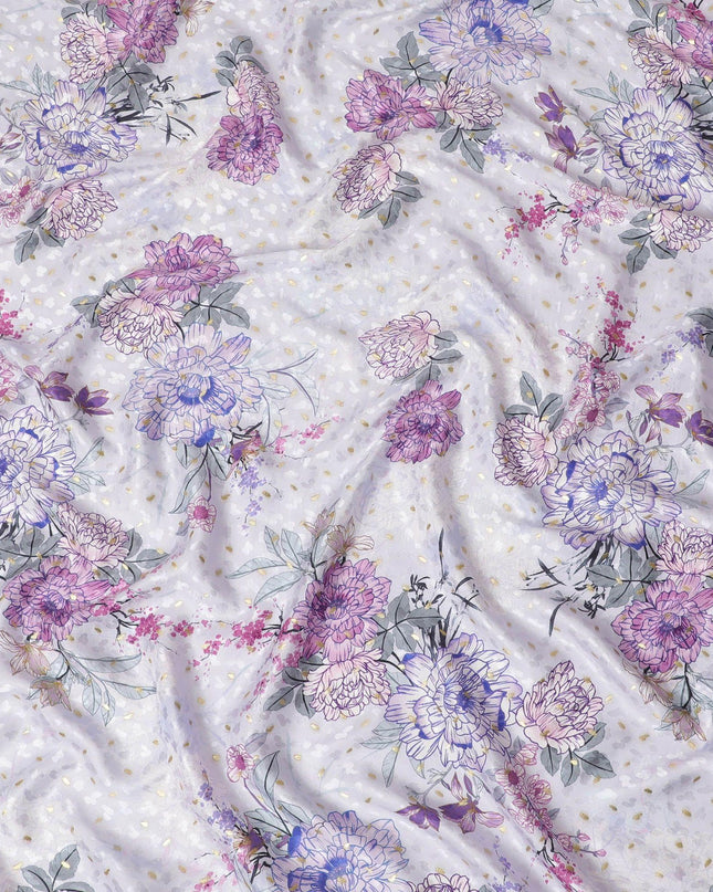 Light lilac Premium pure silk crepe fabric with multicolor print having gold metallic lurex dots in floral design-D15725