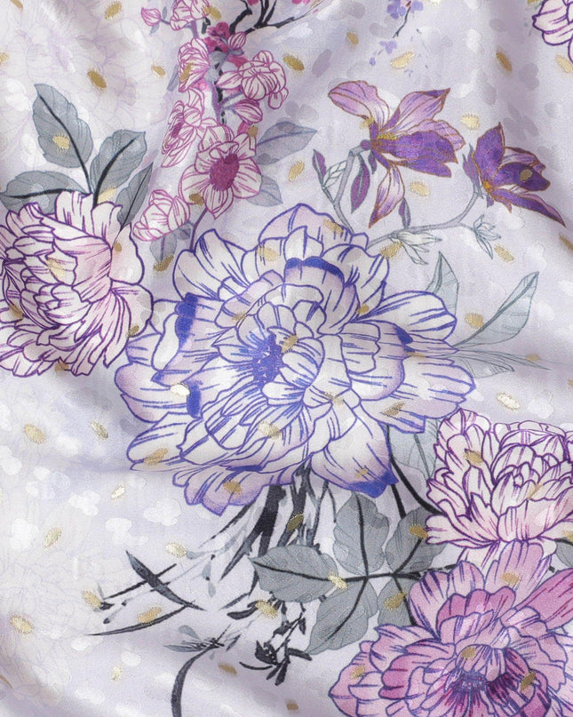 Light lilac Premium pure silk crepe fabric with multicolor print having gold metallic lurex dots in floral design-D15725