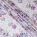 Light lilac Premium pure silk crepe fabric with multicolor print having gold metallic lurex dots in floral design-D15725