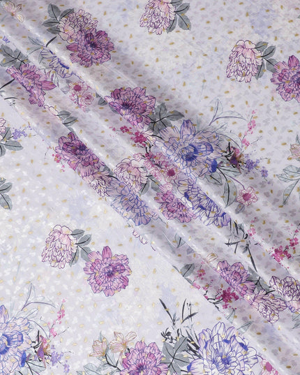 Light lilac Premium pure silk crepe fabric with multicolor print having gold metallic lurex dots in floral design-D15725