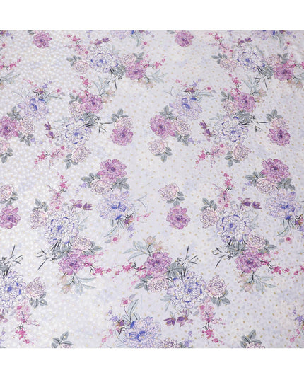 Light lilac Premium pure silk crepe fabric with multicolor print having gold metallic lurex dots in floral design-D15725