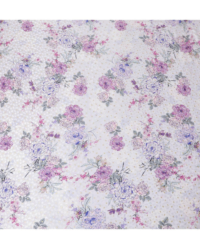 Light lilac Premium pure silk crepe fabric with multicolor print having gold metallic lurex dots in floral design-D15725