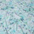 Powder blue Premium pure silk crepe fabric with multicolor print having gold metallic lurex dots in floral design-D15726 - Regal Fabrics