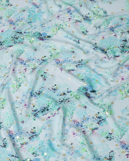 Powder blue Premium pure silk crepe fabric with multicolor print having gold metallic lurex dots in floral design-D15726 - Regal Fabrics