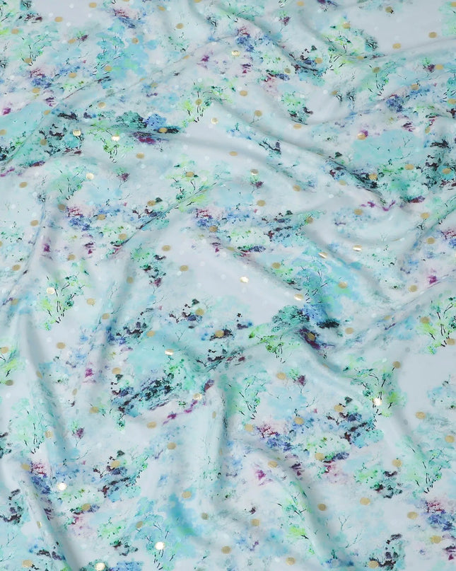 Powder blue Premium pure silk crepe fabric with multicolor print having gold metallic lurex dots in floral design-D15726 Regal Fabrics