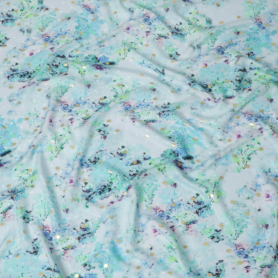 Powder blue Premium pure silk crepe fabric with multicolor print having gold metallic lurex dots in floral design-D15726 - Regal Fabrics