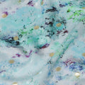 Powder blue Premium pure silk crepe fabric with multicolor print having gold metallic lurex dots in floral design-D15726 - Regal Fabrics