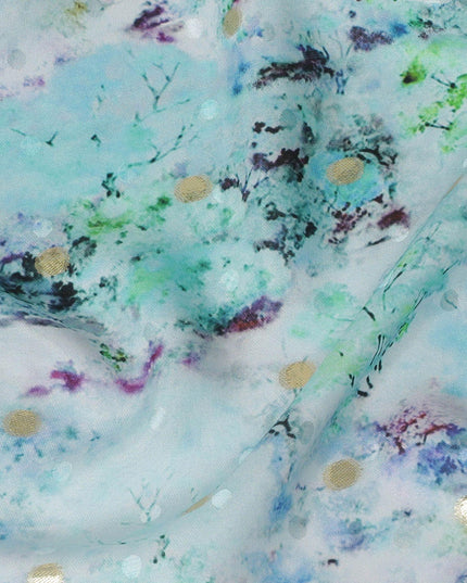 Powder blue Premium pure silk crepe fabric with multicolor print having gold metallic lurex dots in floral design-D15726 - Regal Fabrics