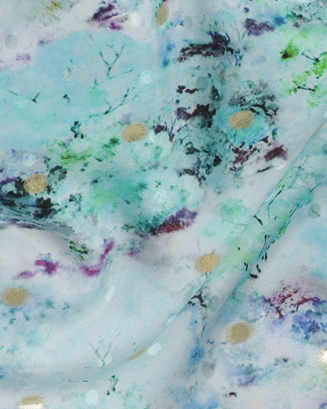 Powder blue Premium pure silk crepe fabric with multicolor print having gold metallic lurex dots in floral design-D15726 Regal Fabrics