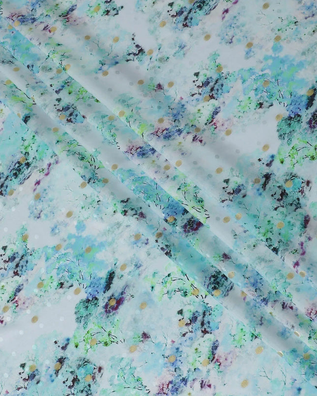 Powder blue Premium pure silk crepe fabric with multicolor print having gold metallic lurex dots in floral design-D15726 Regal Fabrics